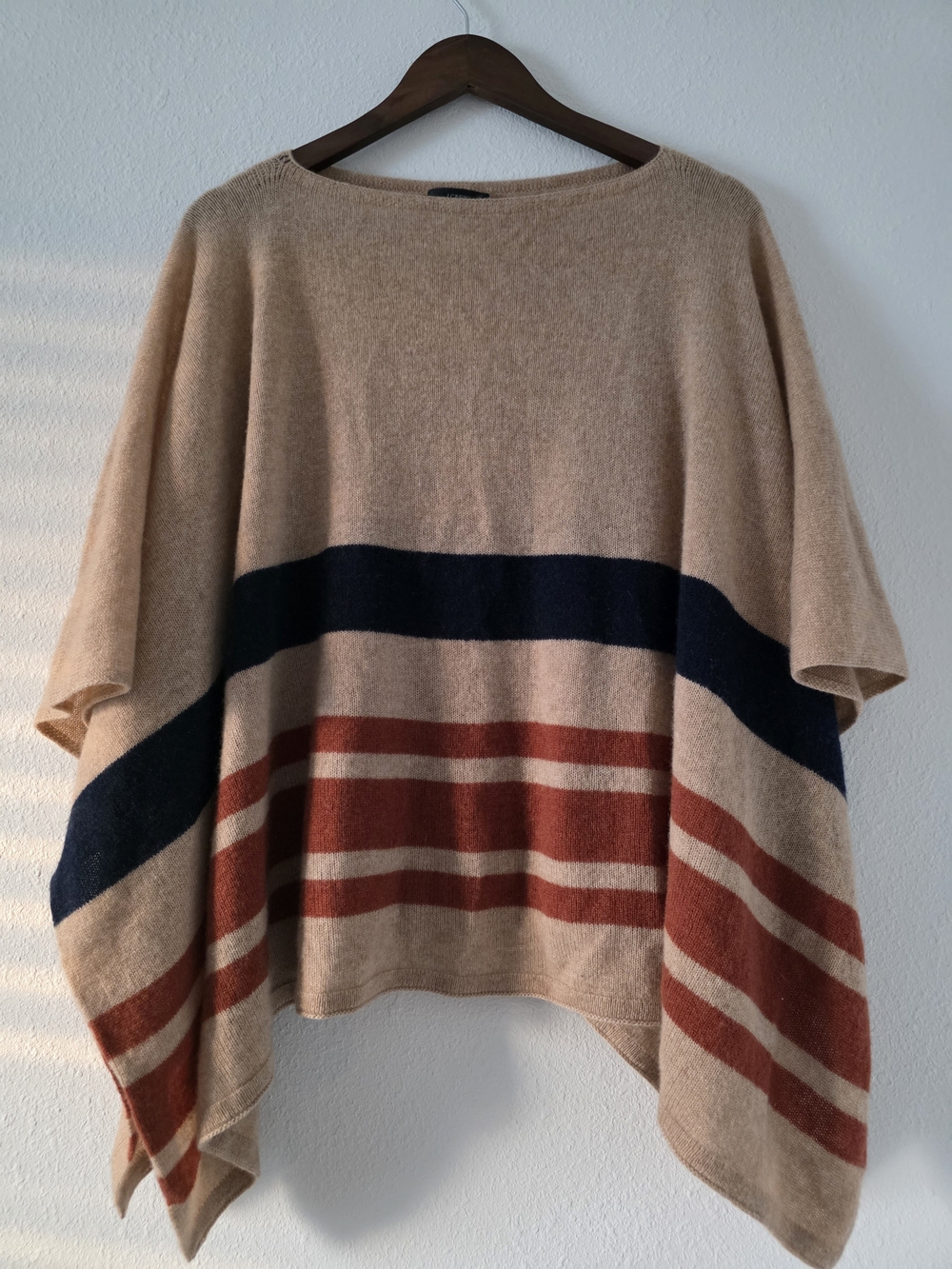 J. Crew Beige Poncho Sweater with Navy and Rust Stripes